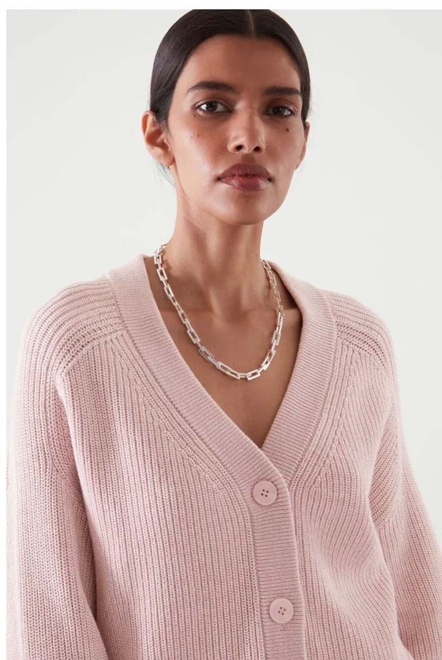 COS V-Neck Chunky Oversized Knit Cardigan Size XS Dusty Pink Organic Cotton